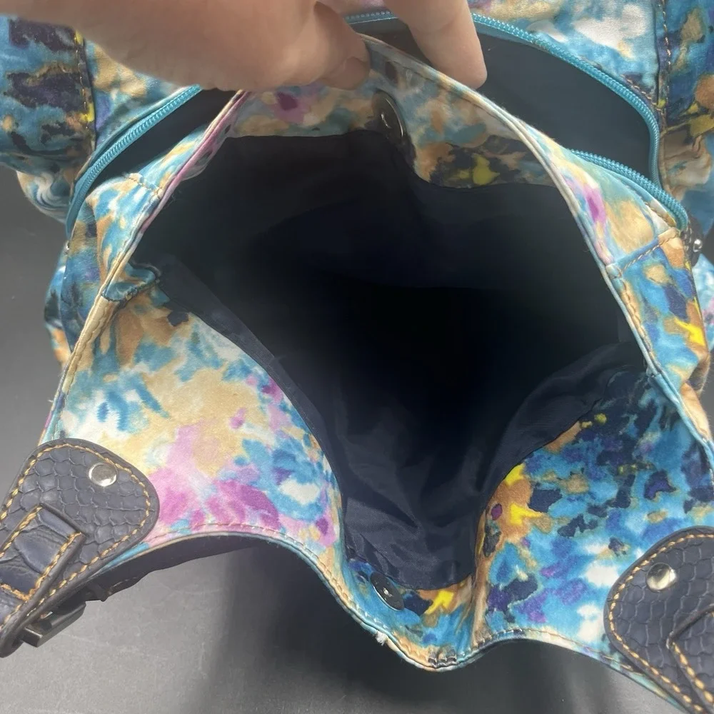 Wilson Leather Blue and Pink Water‎ Color Floral Fabric Hobo Bag Rare